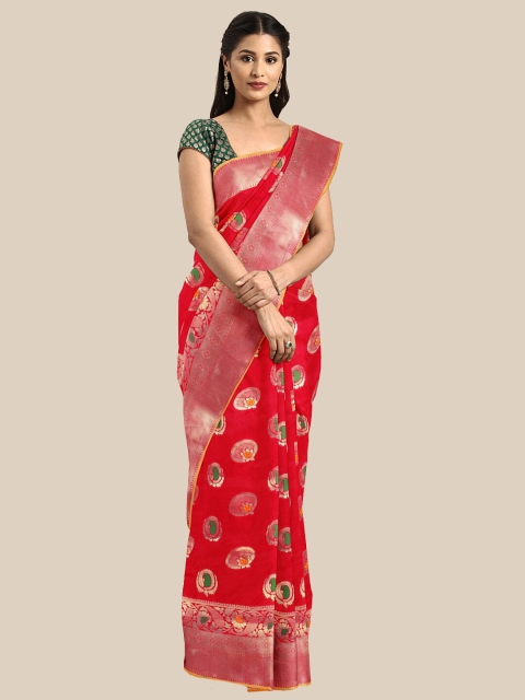 

Saree Swarg Red & Silver-Toned Woven Design Zari Silk Blend Banarasi Sarees