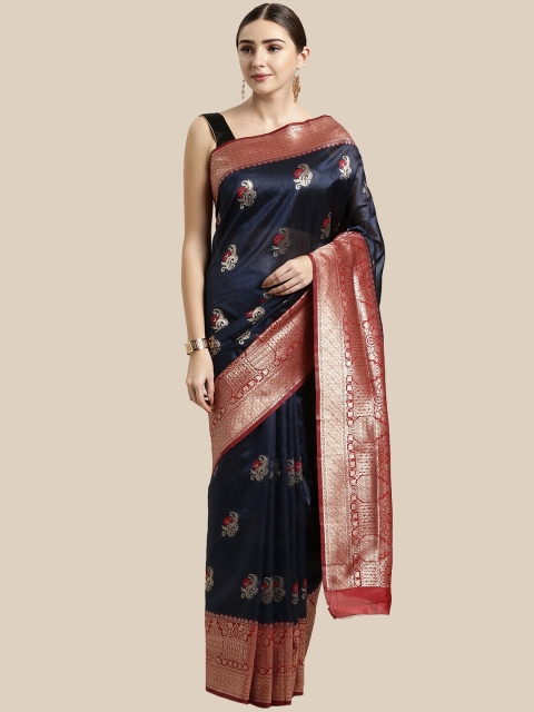 

Saree Swarg Navy Blue & Red Ethnic Motifs Zari Silk Blend Banarasi Sarees