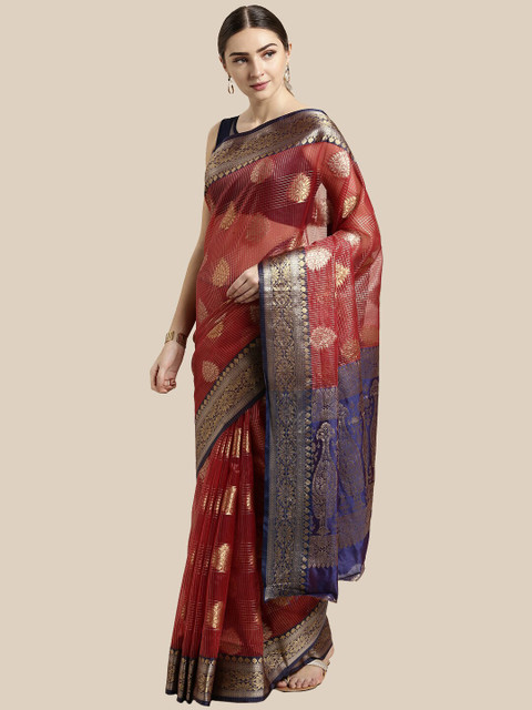 

Saree Swarg Red & Navy Blue Woven Design Zari Organza Banarasi Sarees