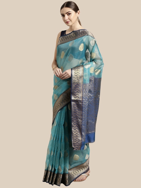 

Saree Swarg Turquoise Blue & Gold-Toned Woven Design Zari Organza Banarasi Sarees