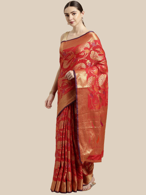 

Saree Swarg Red & Gold-Toned Woven Design Zari Silk Blend Banarasi Sarees