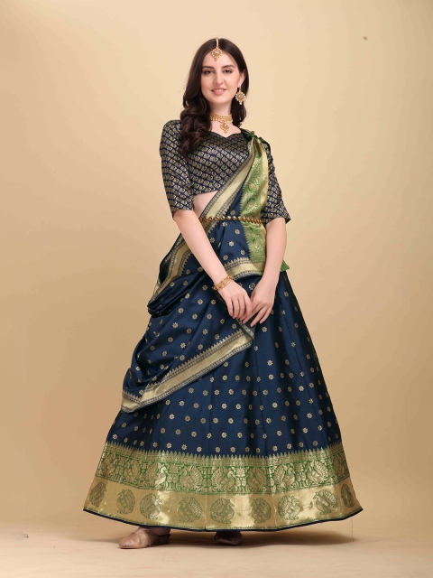 

HERE&NOW Navy Blue & Green Semi-Stitched Lehenga & Unstitched Blouse With Dupatta