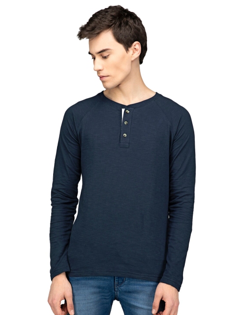 

MensXP Basics Men Blue Henley Neck Applique T-shirt