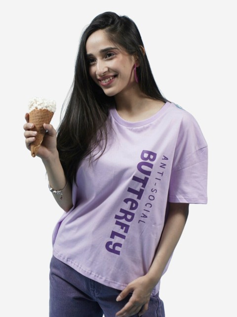 

Alaya By Stage3 Women Lavender Typography Printed Drop-Shoulder Sleeves Loose T-shirt