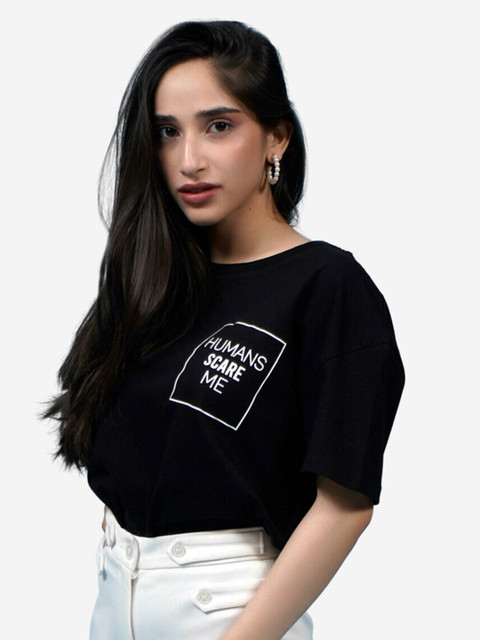 

Alaya By Stage3 Women Black "Humans Scare Me" Typography Printed Loose T-shirt