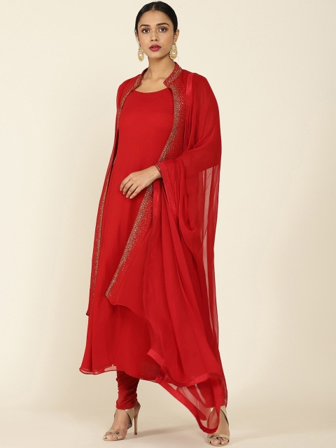 

Soch Women Red Layered Beads and Stones Kurta with Churidar & With Dupatta