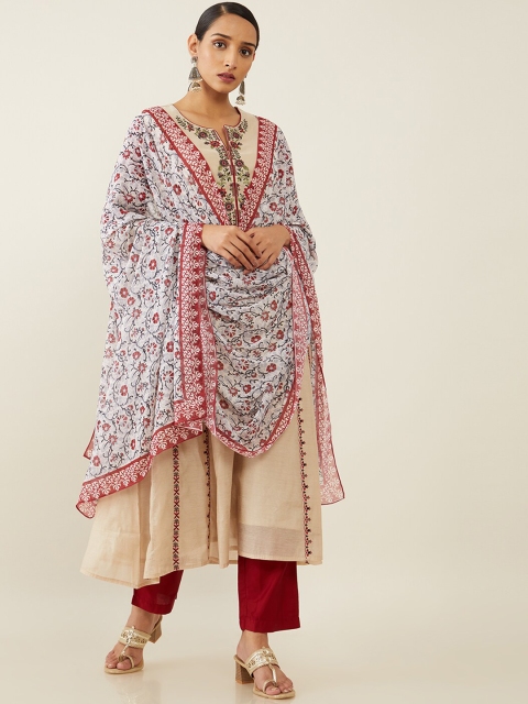 

Soch Women Beige Floral Layered Thread Work Chanderi Silk Kurti with Churidar & With Dupatta