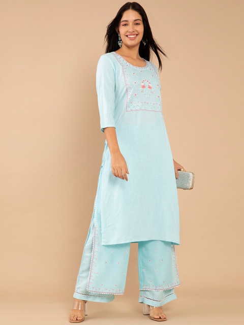 

Soch Women Blue Floral Yoke Design Thread Work Kurta with Layered Palazzo