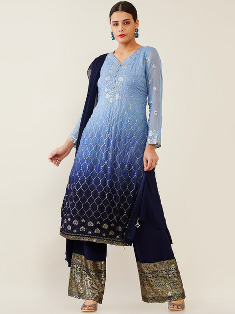 

Soch Women Navy Blue Printed Sequinned Kurta with Palazzo & Dupatta
