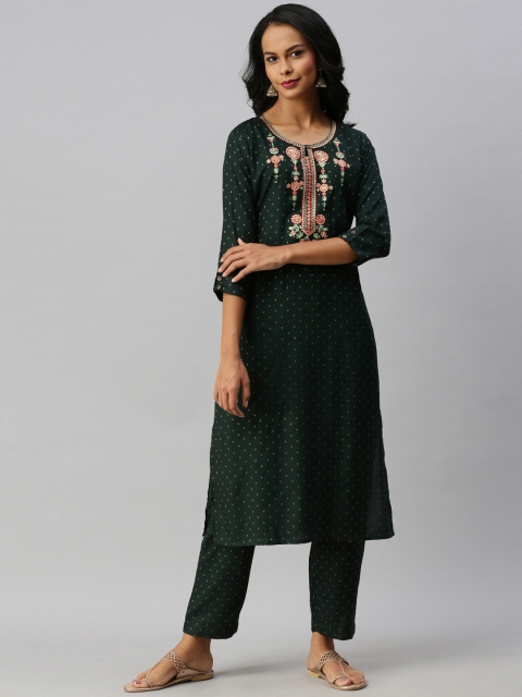 

Soch Women Green Embroidered Thread Work Kurta with Trousers