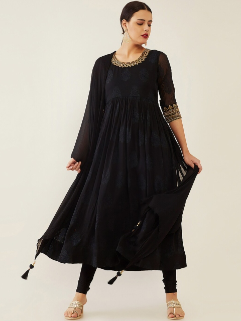 

Soch Women Black Tiered Zardozi Kurti with Dhoti Pants & With Dupatta