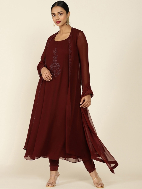 

Soch Women Maroon Pleated Beads and Stones Kurti with Churidar & With Dupatta