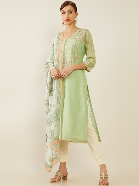

Soch Women Green Floral Embroidered Chanderi Silk Kurta with Trousers & With Dupatta
