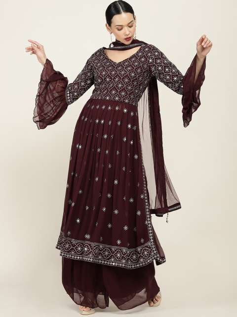 

Soch Women Brown Embroidered Angrakha Sequinned Kurti with Sharara & With Dupatta