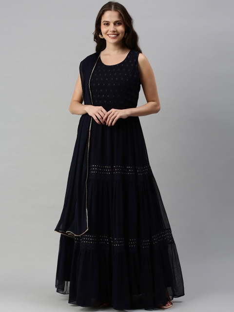 

Soch Women Navy Blue Embroidered Tiered Sequinned Kurta with Trousers & With Dupatta