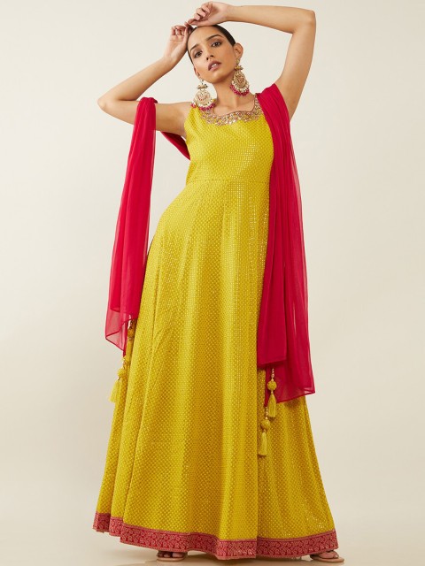 

Soch Women Mustard Yellow Floral Embroidered Empire Sequinned Kurti with Trousers & With Dupatta