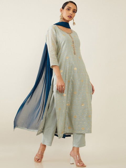 

Soch Women Grey Layered Zardozi Pure Silk Kurti with Trousers & With Dupatta