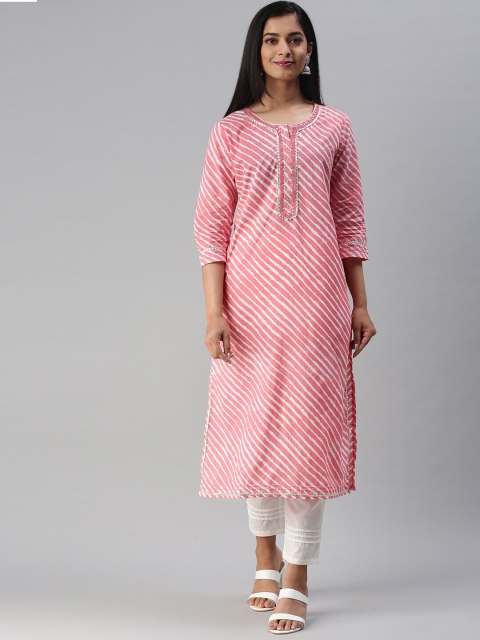 

Soch Women Pink Striped Gotta Patti Pure Cotton Kurti with Trousers