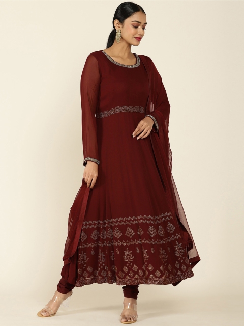 

Soch Women Maroon Panelled Beads and Stones Kurta with Churidar & With Dupatta