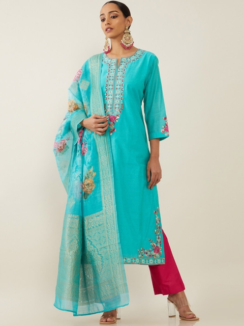 

Soch Women Turquoise Blue Floral Embroidered Empire Thread Work Chanderi Silk Kurti with Trousers & With