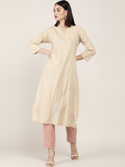 

Soch Women Beige Ethnic Motifs Yoke Design Thread Work Kurti with Trousers & With Dupatta