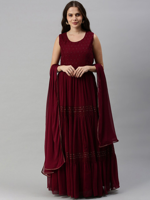 

Soch Women Maroon Embroidered Tiered Sequined Kurta with Trousers & With Dupatta