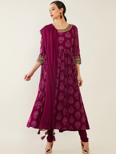 

Soch Women Purple Ethnic Motifs Angrakha Zardozi Kurta with Churidar & With Dupatta