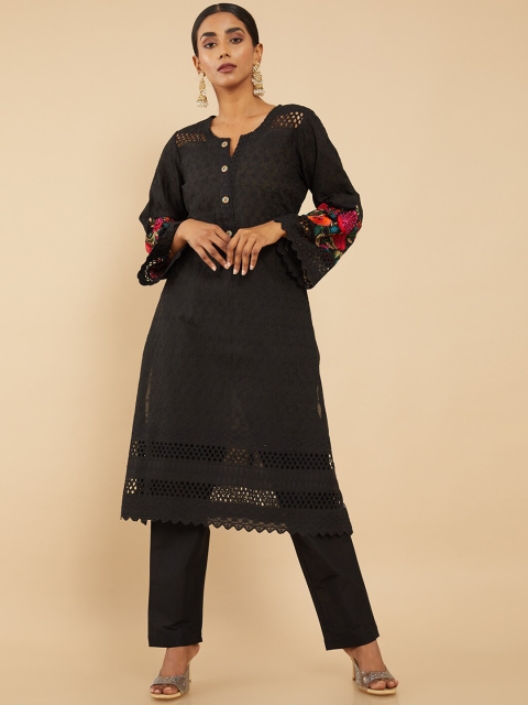 

Soch Women Black Embroidered Layered Thread Work Pure Cotton Kurti with Trousers