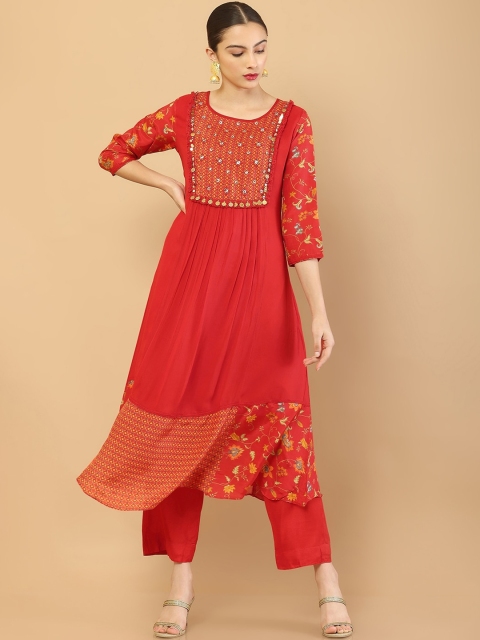 

Soch Women Red Ethnic Motifs Embroidered Empire Sequinned Kurti with Trousers