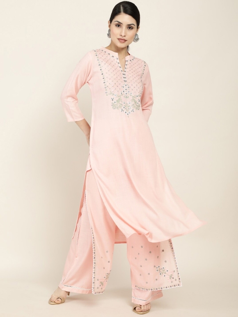 

Soch Women Pink Yoke Design Thread Work Kurti with Palazzos & With Dupatta