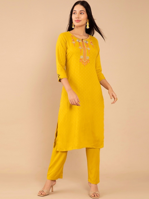 

Soch Women Mustard Yellow Floral Embroidered Kurta with Trousers