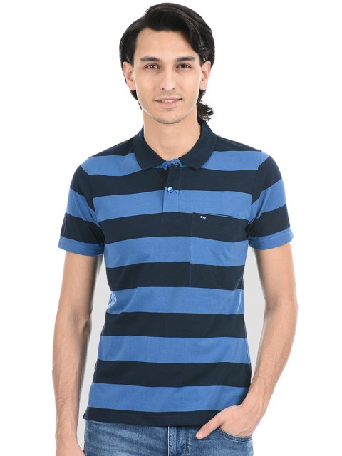 

Cloak & Decker by Monte Carlo Men Blue & Black Striped Polo Collar T-shirt