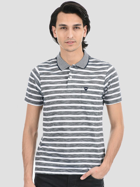 

Cloak & Decker by Monte Carlo Men Grey & White Striped Polo Collar Cotton T-shirt