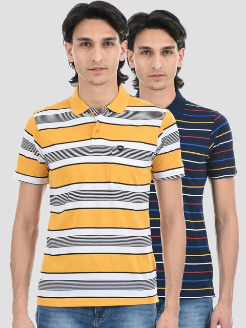Cloak & Decker by Monte Carlo Men Yellow & White 2 Striped Polo Collar T-shirt