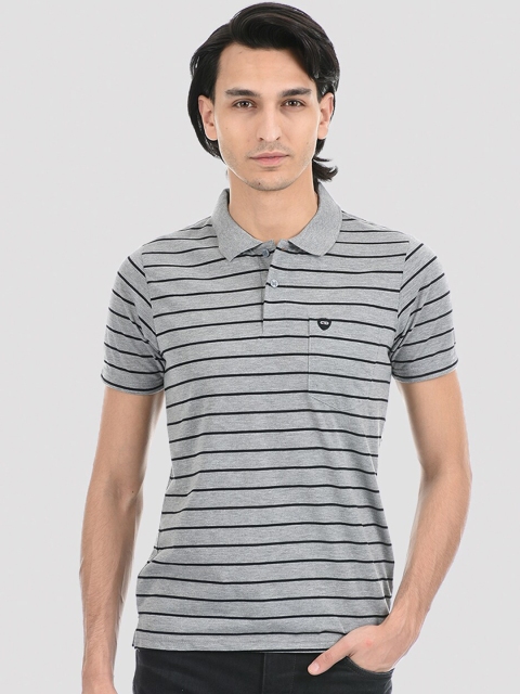 

Cloak & Decker by Monte Carlo Men Grey Striped Polo Collar T-shirt