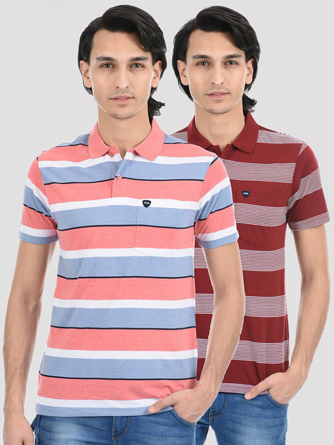 

Cloak & Decker by Monte Carlo Men Peach-Coloured Striped Polo Collar T-shirt
