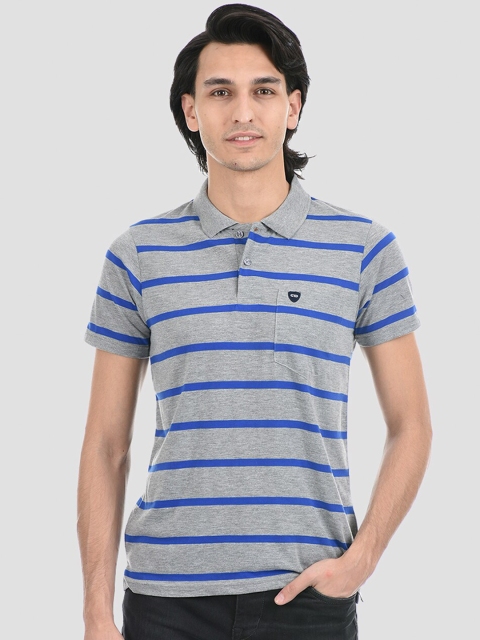 

Cloak & Decker by Monte Carlo Men Grey and Blue Striped Polo Collar T-shirt