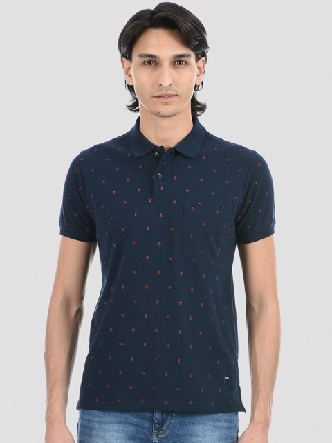 Cloak & Decker by Monte Carlo Men Navy Blue Printed Polo Collar T-shirt