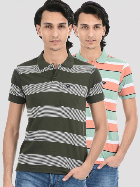 

Cloak & Decker by Monte Carlo Men Green & Coral 2 Pack Striped Polo Collar T-shirt