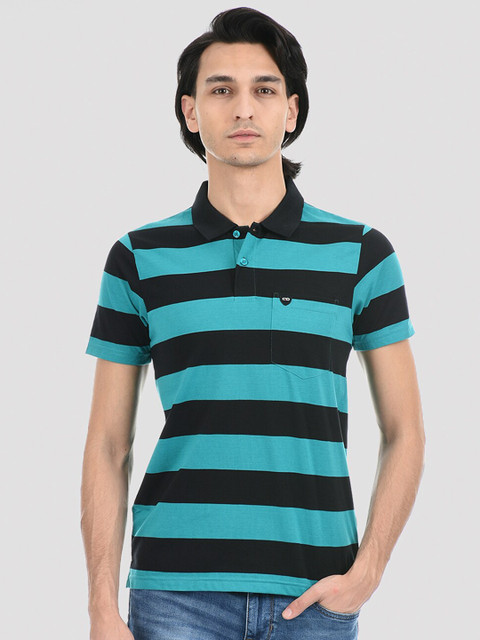 

Cloak & Decker by Monte Carlo Men Turquoise Blue & Black Striped Polo Collar T-shirt