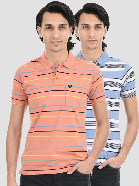 

Cloak & Decker by Monte Carlo Men Peach-Coloured Striped Polo Collar T-shirt