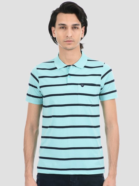 

Cloak & Decker by Monte Carlo Men Turquoise Blue Striped Polo Collar T-shirt