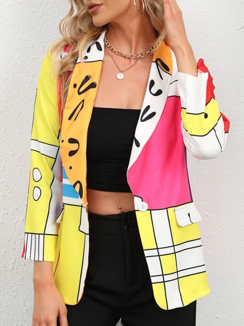 

URBANIC Women Pink &White Printed Single Breasted Blazer
