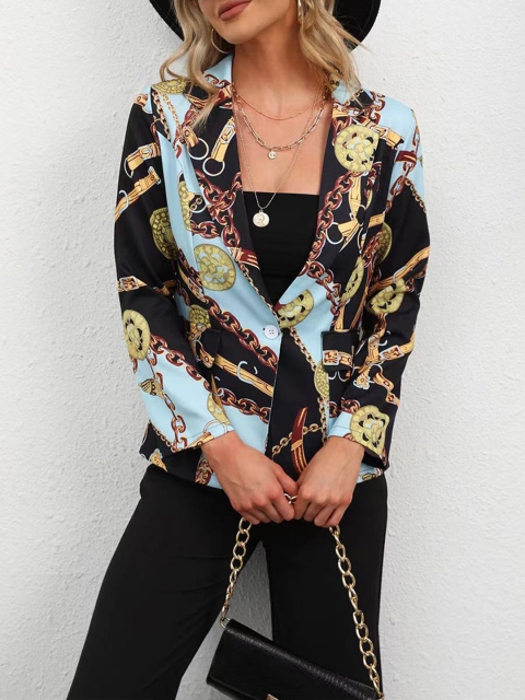 

URBANIC Women Black & Blue Printed Single-Breasted Casual Blazer