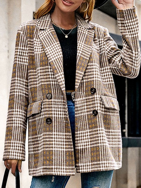 

URBANIC Women Khaki Checked Single Breasted Classic Blazer
