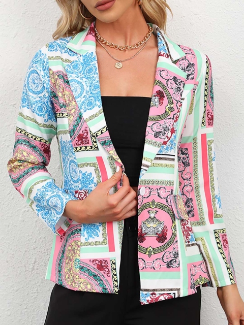 

URBANIC Women White & Blue Printed Single-Breasted Casual Blazer
