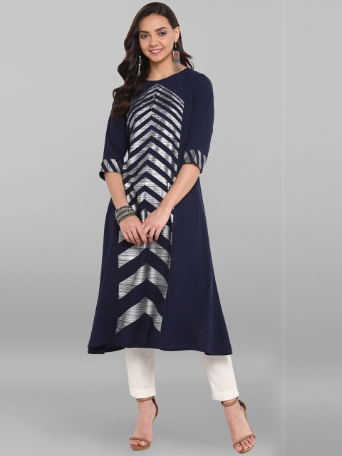 

Janasya Women Blue Poly Crepe Foil Print A-line Kurta