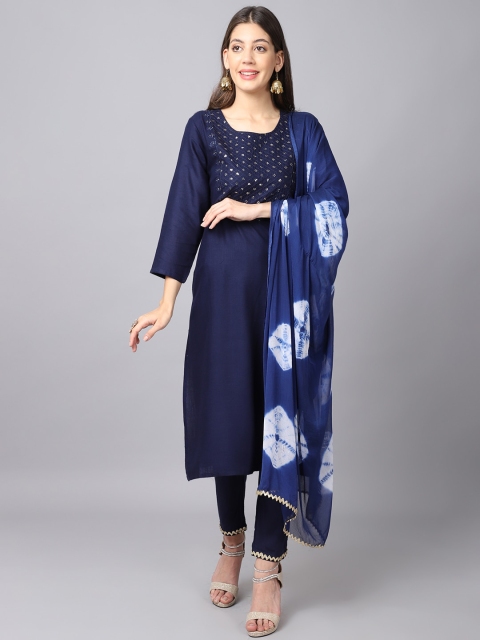 

ANAISA Women Navy Blue Yoke Design Sequinned Kurta with Trousers & With Dupatta