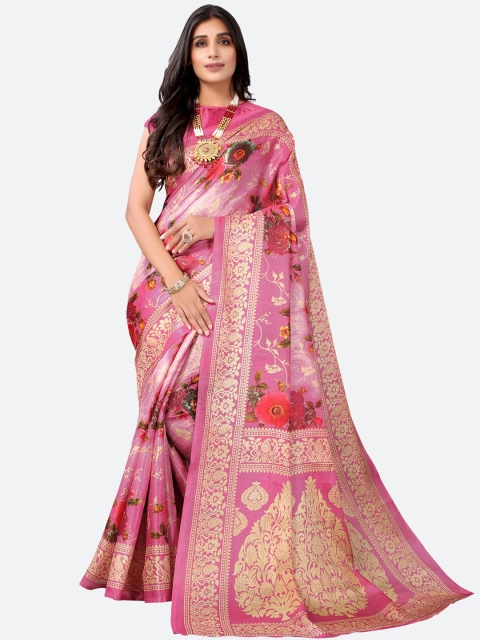 

KALINI Pink & Gold-Toned Floral Silk Cotton Saree