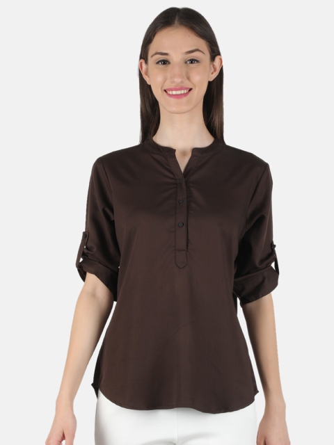 

Monte Carlo Women Brown Mandarin Collar Roll-Up Sleeves Shirt Style Top